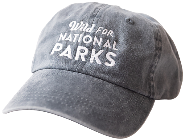 Grey baseball cap with Wild for National Parks embroidered in white on the front