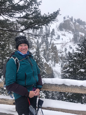 Martha in Yellowstone National Park on a ski trip she took in February of 2020